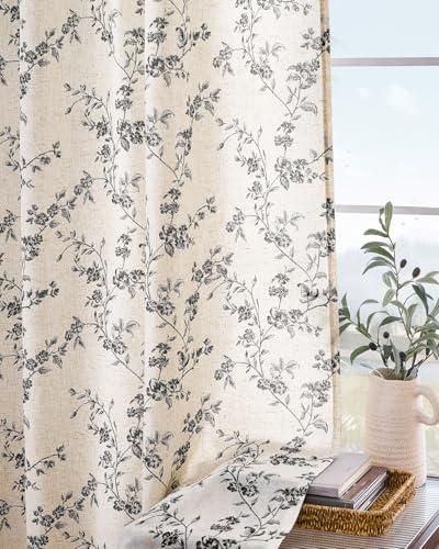 Black Vintage Floral Linen Curtains Farmhouse 50W X 84L 2 Panels (Black on Beige / 50"W x 84"L (Pack of 2))