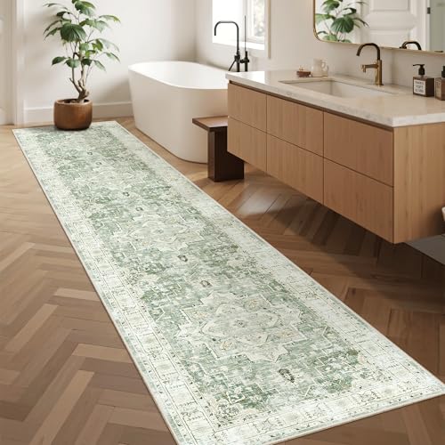 Washable Runner Rugs 2x10 Long for Hallway Kitchen (Green/Ivory / 2' x 10' (Runner))