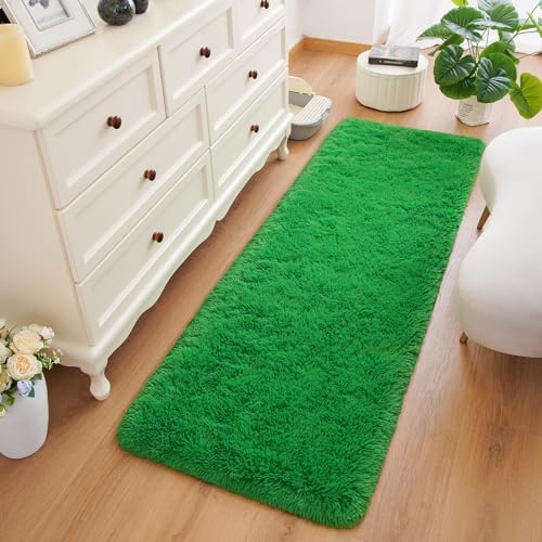Shag Fluffy Runner Rug for Bedroom Girls Living Room (2' x 6' (Runner) / Green)