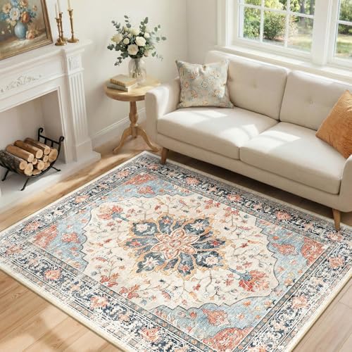 Washable Area Rug (Beige/Blue/Orange / 5' x 7' (Rectangular))