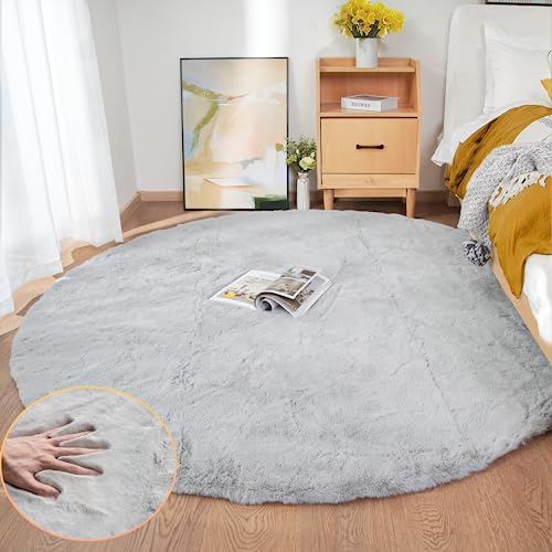 Washable Furry 5ft Round Area Rugs for Living Room Bedroom Light Grey Circle Faux Rabbit Shaggy Fur Rug Teen Room Décor (5' (Round) / Grey)
