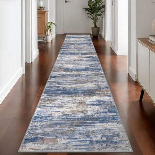 Modern Abstract Washable Rug Runner 2.6x14 Hallway Rug Runner Non (Blue Rust White / 2'8" x 14' (Runner))