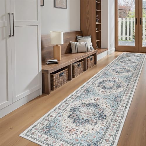 Washable Runner Rugs 2x12 Long for Hallway Kitchen Soft (Blue / 2' x 12' (Runner))