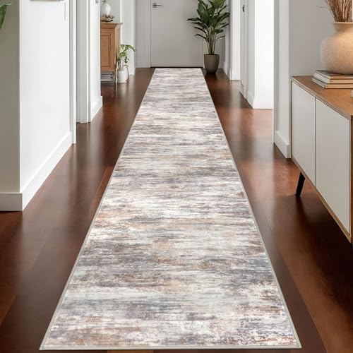 Modern Abstract Washable Long Runner Rug 2.6x18 Hallway Rug Runner Non (Multi Grey/Orange / 2'8" x 18' (Runner))