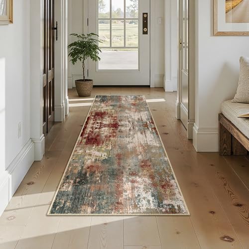 Washable Runner 2'x7' Abstract Area Rug for Hallway Rustic Brown (Rust Red/Green/Blue/Multi / 2' x 7' (Runner))