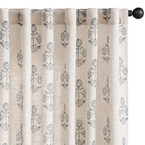 Floral Linen Black Curtains 63 Inch Vintage Back Tab 2 Panels (*Floral Black / 50"W x 63"L (Pack of 2))