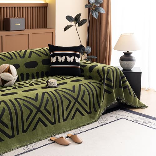 Boho Couch Cover Geometric Striped Pet Covers for Couches and Sofas Olive Green and Black Dog Cover for Couch Pet Friendly Chenille Sectional Sofa Covers for Pets Washable (71" x 150" / Stripe: Olive Green and Black)