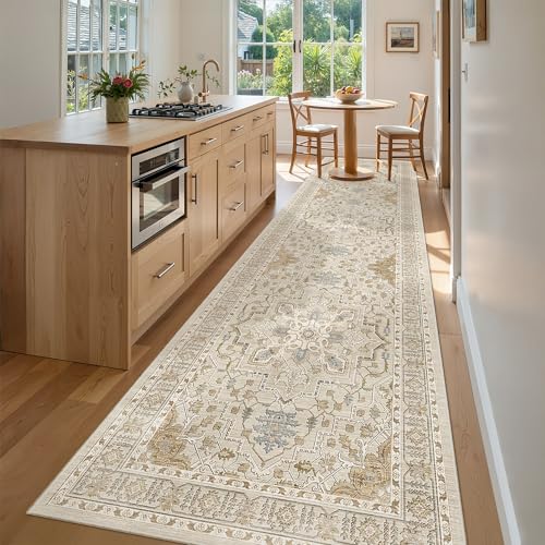 Hallway Runner Rug 3x12 Washable Kitchen Runners 12ft (Beige/Blue / 3' x 12' (Runner))