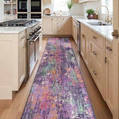 Washable Runner 2'x10' Abstract Area Rug for Hallway Purple Multi (Purple/Orange/Teal/Green/Red / 2' x 10' (Runner))