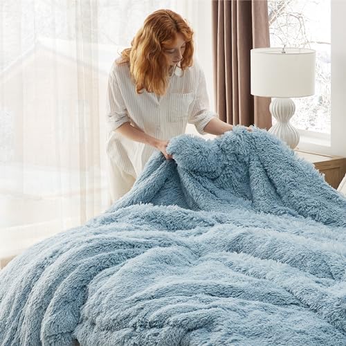 Faux Fur Fluffy Sherpa Fleece King Bed Blanket Blue 108"x90" (13- Blue / King (108" X 90"))