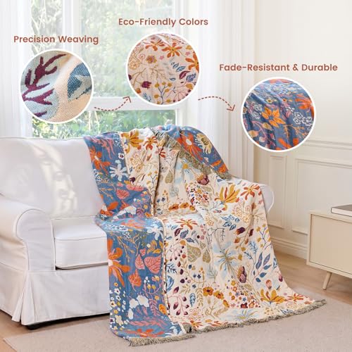 Boho Throw Blanket 50"x60" 100% Cotton Floral Blanket Couch Decor (Beige Navy / 50"x60")