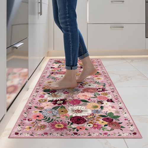 Pink Garden Floral Hallway Runner Rug 2x5 for Bedroom Kitchen (Pink / 2' x 5' (Rectangular))
