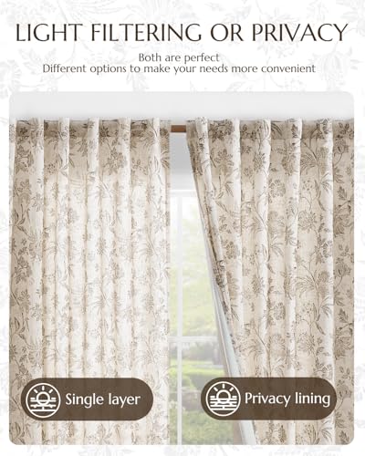 Taupe Floral Linen Curtains Lined 84 Inch Cottage Back Tab 2 Panels (*Jacobean Taupe / 50"W x 84"L (Pack of 2))