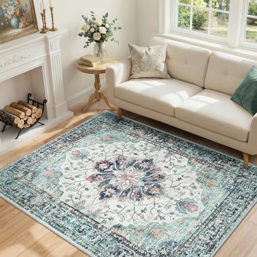 Washable Area Rug (Teal Green/White/Navy / 4' x 6' (Rectangular))
