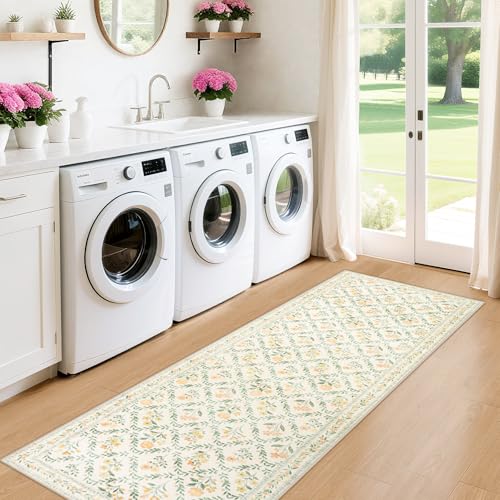 2x6 Washable Runner Rug：Floral Indoor Kitchen Carpet Beige Multi (Beige/Multi / 2' x 6' (Runner))