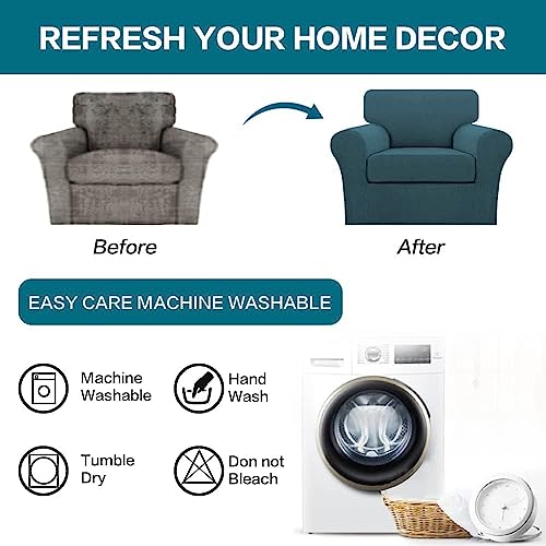 2 Piece Chair Covers Chair Slipcovers for Living Room Armchair Couch Cover Chair Sofa Cover with Individual Cushion Covers Furniture Cover for Chairs Feature Thick Fabric (Armchair (1 Cushion) / Deep Teal)
