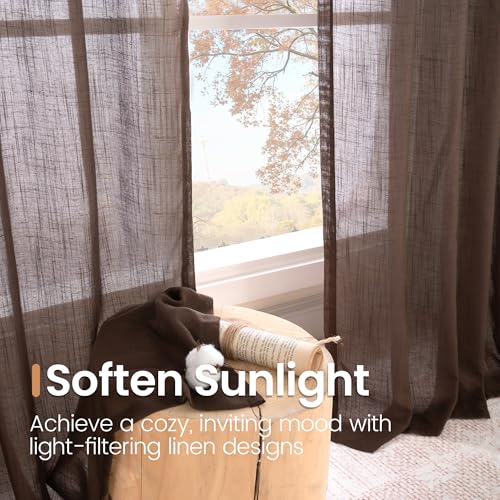 96 Inches Long Linen Curtains for Living Room Brown Sheer Drapes (Brown / 52"W x 96"L (Pack of 2))