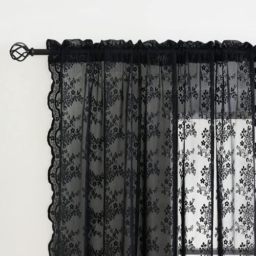 Vintage Lace Curtains 80 inch Length 2 Panles for Doorway Victorian Gothic Floral Dark Academia Black Sheer Curtain Panels for Living Room Bedroom Light Filtering 52 by 80 inch Length (Black / 52"W x 80"L (Pack of 2))
