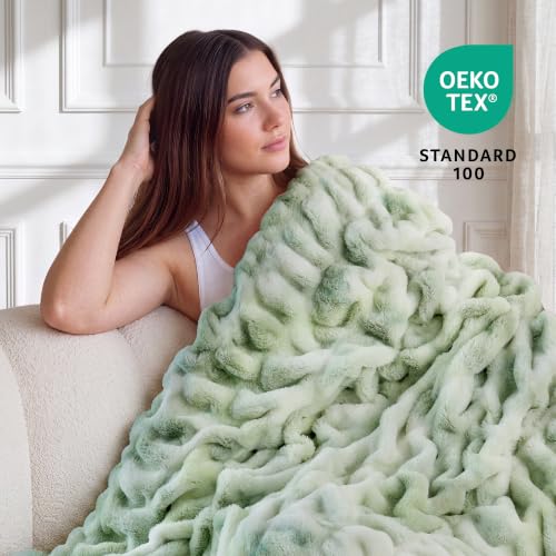 Double Sided Soft Faux Fur Throw Blanket (Tie-dye Sage / Throw)