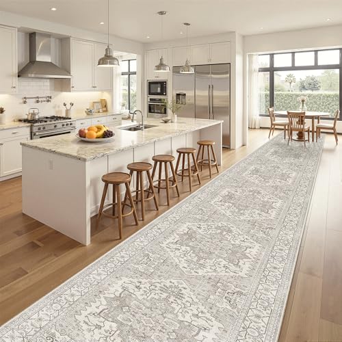 Hallway Runner Rug 3x20 Washable Kitchen Runners 20ft (Beige/Brown / 3' x 20' (Runner))