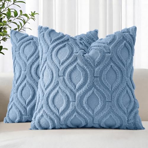 Faux Fur Plush Soft Blue Throw Pillow Covers 22x22 Set of 2 (22" x 22" (Pack of 2) / Blue)