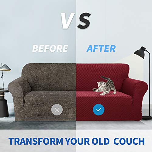 1 Piece Jacquard Couch Covers for 3 Cushion Couch Living Room High Stretch Sofa Cover Pets Dogs Friendly Anti Slip Thickened Slipcovers Furniture Protector (Large (71"-90") / Wine Red)