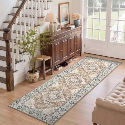 2x6 Hallway Kitchen Washable Runner Rug (Floral Brown / 2' x 6' (Runner))