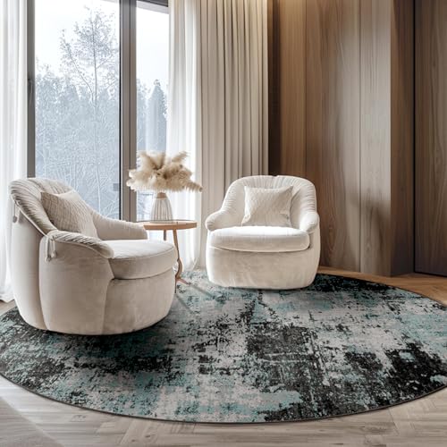 Washable Round 6ft Area Rug for Living Room Teal Black (Black/Teal Blue / 6' (Round))