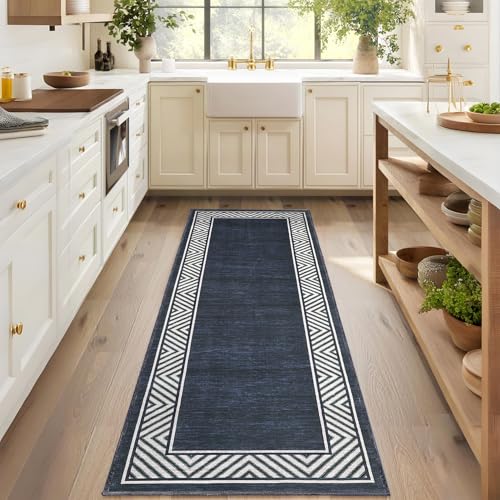 Washable Hallway Rug 2x6 Narrow Modern Bordered Floor Runner (Navy / 2' x 6' (Rectangular))