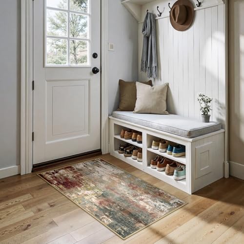 Washable 2'x4' Abstract Area Rug for Living Room Rustic Brown (Rust Red/Green/Blue/Multi / 2' x 4' (Rectangular))