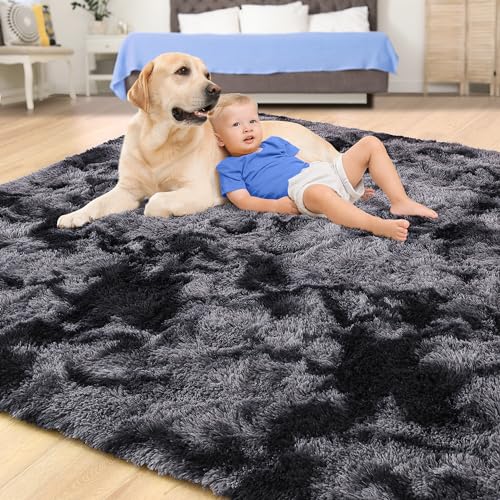 Soft Fluffy Rugs for Living Room (Tie-dyed Dark Grey / 5' X 8' (Rectangular))
