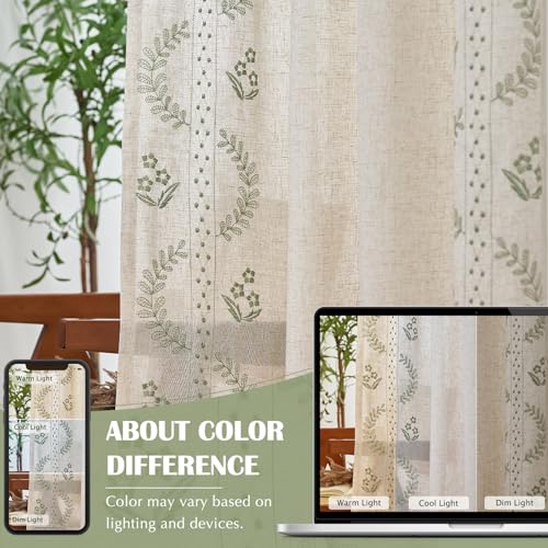 Floral Linen Curtains 84 Inch Farmhouse Back Tab 4 Panels (Sage / 50"W x 84"L (Pack of 4))