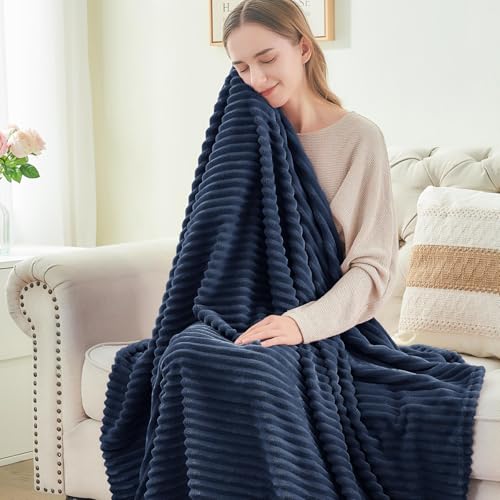 3D Ribbed Navy Blue Fleece Throw Blanket for Couch (Navy / Throw(50"x60"))
