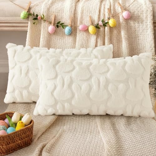 Cream White Faux Fur Bunny Throw Pillow Covers 12x20 Set of 2 (20" x 12" (Pack of 2) / Rabbits Cream White)
