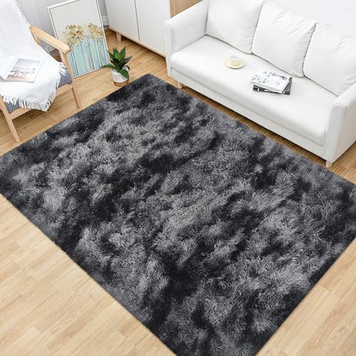 4x6 ft Area Rug for Bedroom Black Grey Tie Dye Fluffy Rug Mat Bedside Throw Rug for Living Room Kids Room Boys Teens Nursery Baby Dorm Office Home Decor Aesthetic Carpets (Tie-dyed Black Grey / 4' x 6' (Rectangular))