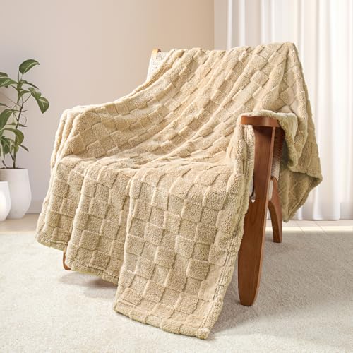 3D Checkered Fleece Throw Blanket for Couch (Camel / Throw (50"x60"))