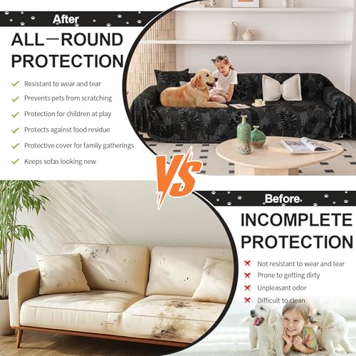 Washable Couch Covers for Sofa Boho Couch Covers for 3 Cushion Sofa Pet Friendly Black Chenille Jacquard Couch Protector for Dogs Plant Branch Sectional Cover Sofa Slipcovers (71" x 134" / U: Black)