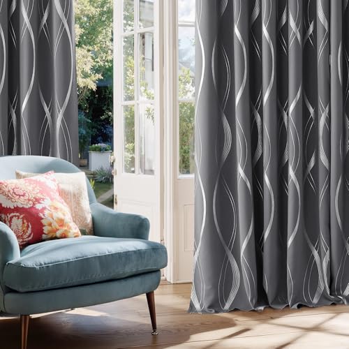 Gray Blackout Pattern Curtain & Drapes 72 inch Long for Bedroom (1 - Grey / 52"W x 72"L (Pack of 2))