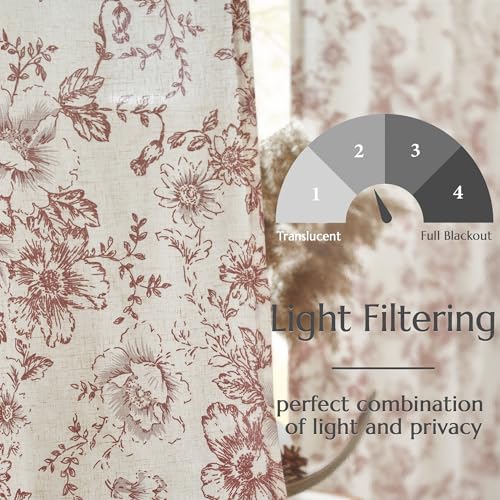 Vintage Floral Linen Curtains 96 Long for Living Room 2 Panels (Brick Red / 50"W x 96"L (Pack of 2))