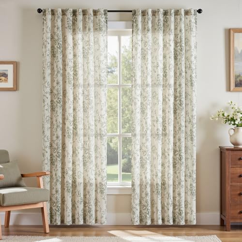 Vintage Floral Linen Curtains 84 Long for Living Room 2 Panels (Green / 50"W x 84"L (Pack of 2))