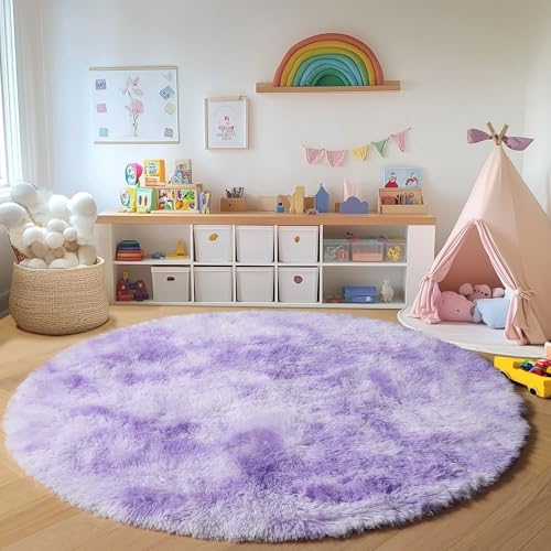 Tie Dye Purple Fluffy Round Rug Circle Area Rugs 4ft for Girl Kids Bedroom (Colorful Purple / 4' (Round))