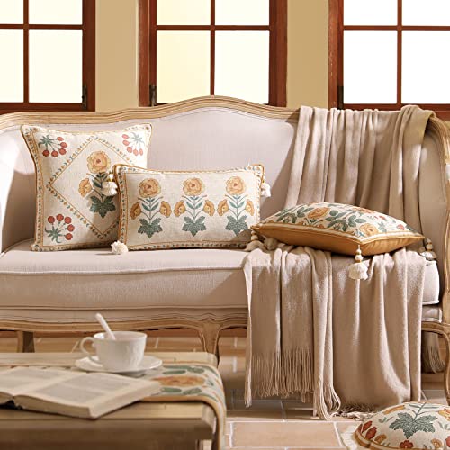 French Vintage Linen Throw Pillow Cover (20" x 12" (Pack of 1) / Rosasilvestre D)