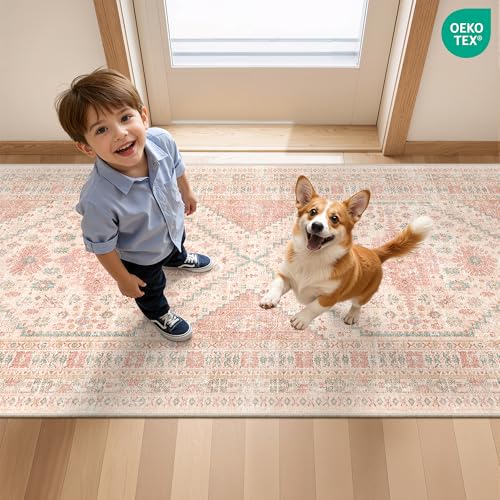 2x3 Entryway Rug Vintage Washable Rug Runner for Kitchen (Pink / 2' x 3' (Runner))