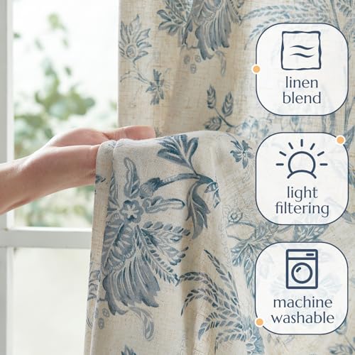 Blue Floral Linen Curtains 84 Inch Vintage Back Tab 2 Panels (*Jacobean Blue on Beige / 50"W x 84"L (Pack of 2))