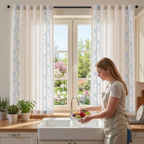 Floral Linen Curtains 63 Inch Farmhouse Back Tab 2 Panels (Vine | Sky Blue / 50"W x 63"L (Pack of 2))