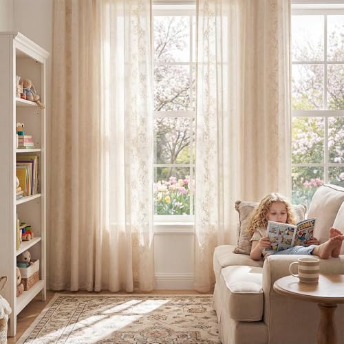 Floral Linen Curtains 84 Inch Farmhouse Back Tab 2 Panels (Vine | Ivory / 50"W x 84"L (Pack of 2))