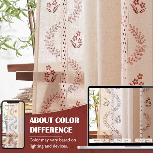 Floral Linen Curtains 96 Inch Farmhouse Back Tab 2 Panels (Red / 50"W x 96"L (Pack of 2))