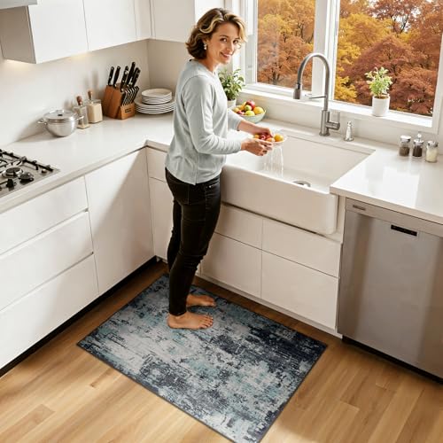 Washable 2'x3' Abstract Area Rug for Living Room Teal Black (Black/Teal Blue / 2' x 3' (Rectangular))