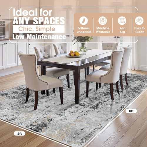 5x8 Area Rugs for Living Room Washable Bedroom Dining Room Black Grey Gold (Black Grey/Gold / 5' x 8' (Rectangular))