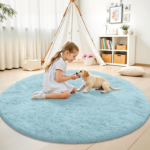 Light Blue Round Rugs for Bedroom (6 Ft Round / Light Blue)